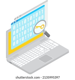 Encryption Key Binary Code Search Vector 3d Isometric Icon. Keyword Find, Clue Scan, Security Information Optimization