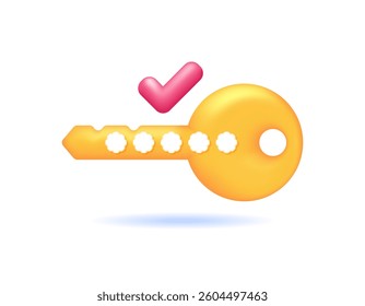 Encryption key or Security Key concept. password or security code to protect and access a system. technology. illustration of a golden key with code symbol and check mark. minimalist 3d style design