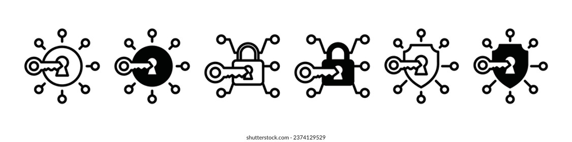 Encryption protection thin line icons. Cyber security, internet and network access with shield protect, padlock and key icon symbol. Vector illustration