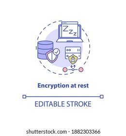 Encryption at rest concept icon. Security parameter idea thin line illustration. Attacks prevention. Accessing unencrypted data. Vector isolated outline RGB color drawing. Editable stroke