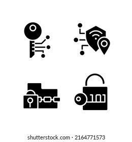 Encryption technologies black glyph icons set on white space. Ransomware. Data decryption. Cryptography. Online safety. Silhouette symbols. Solid pictogram pack. Vector isolated illustration