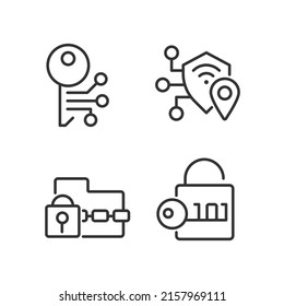 Encryption technologies pixel perfect linear icons set. Ransomware. Data decryption. Cryptography. Customizable thin line symbols. Isolated vector outline illustrations. Editable stroke