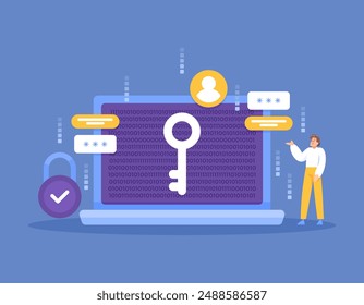 encryption technology concept. change or conversion of data into a secret code. data protection and cyber security. illustration of a man with a locked laptop. flat style design. graphic elements