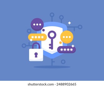 encryption technology concept. changing or converting data into code. data protection and cyber security. prevention. illustration of shield, key, padlock. flat style design. graphic elements