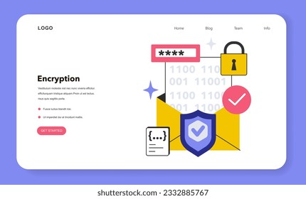 Banner web de cifrado o página de inicio. Tecnología de protección de datos. Arrojar información digital en un código secreto. Clave digital única para el acceso a datos. Ilustración vectorial plana