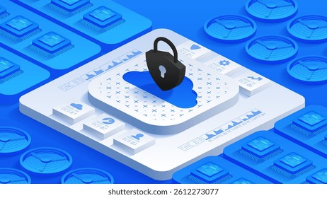 Encryption-based cloud data protection and antivirus security ensure privacy and prevent cyber threats. Focused on safeguarding sensitive information and secure storage. Vector illustration