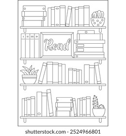 Enciclopedia Bookshelf Página de libro para colorear de estilo mínimo para niños y adultos Colorear creativo Actividad de relajación consciente