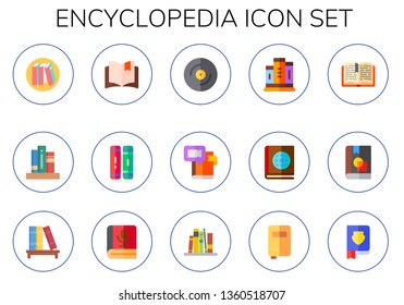 encyclopedia icon set. 15 flat encyclopedia icons.  Collection Of - library, bookshelf, open book, cd, book, books