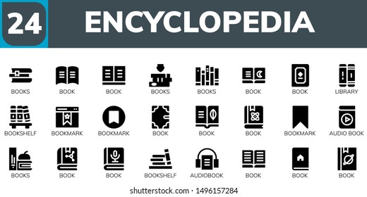 encyclopedia icon set. 24 filled encyclopedia icons.  Simple modern icons about  - Books, Book, Library, Bookshelf, Bookmark, Audio book, Audiobook