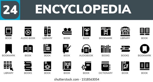encyclopedia icon set. 24 filled encyclopedia icons.  Simple modern icons about  - Book, Audio book, Library, Bookmark, Audiobook, Books, Dictionary
