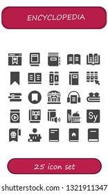 encyclopedia icon set. 25 filled encyclopedia icons.  Simple modern icons about  - Bookmark, Book, Dictionary, Library, Books, Audiobook, Audio book, Story