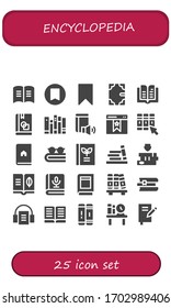 encyclopedia icon set. 25 filled encyclopedia icons.  Simple modern icons such as: Book, Bookmark, Books, Library, Bookshelf, Audiobook