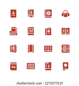 encyclopedia icon set. Collection of 16 filled encyclopedia icons included Book, Dictionary, Bookmark, Diary, Audiobook, Science book