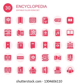 encyclopedia icon set. Collection of 30 filled encyclopedia icons included Book, Bookmark, Bookshelf, Audiobook, Books, Book shelf, Ibooks, Science book, Diary