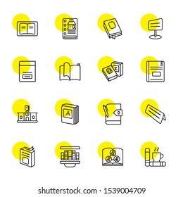 encyclopedia icons. Editable 16 encyclopedia icons. Included icons such as Books, Open book, Bookshelf, Book, Booked, Diary, Dictionary, Library. encyclopedia trendy icons for web.