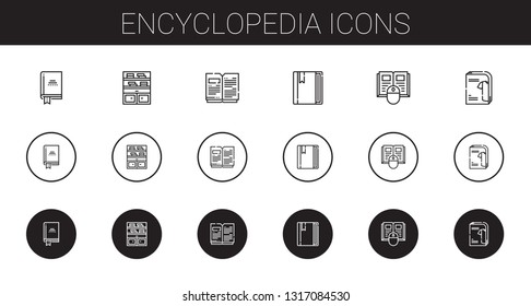 encyclopedia icons set. Collection of encyclopedia with book, bookshelf, open book, catalogue. Editable and scalable encyclopedia icons.