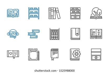 encyclopedia icons set. Collection of encyclopedia with bookshelf, book, diary, science book, audiobook, open book, books. Editable and scalable encyclopedia icons.