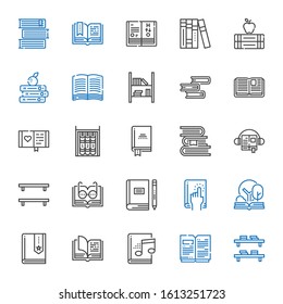 encyclopedia icons set. Collection of encyclopedia with bookshelf, open book, audiobook, book, books, diary, science book. Editable and scalable encyclopedia icons.