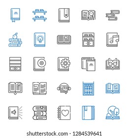 encyclopedia icons set. Collection of encyclopedia with open book, book, diary, books, audiobook, bookshelf. Editable and scalable encyclopedia icons.