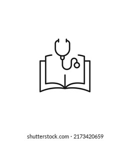 Encyclopedia, Science, Education Signs. High Quality Symbol For Stores, Books, Articles, Sites. Editable Stroke. Vector Line Icon Of Stethoscope Over Opened Book 