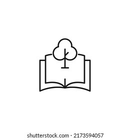 Enciclopedia, ciencia, signos educativos. Símbolo de alta calidad para tiendas, libros, artículos, sitios. Trazo editable. Icono de línea de vector del bosque sobre el libro abierto 