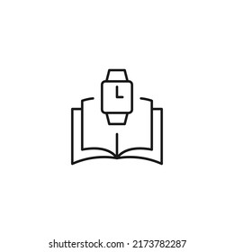 Enciclopedia, ciencia, signos educativos. Símbolo de alta calidad para tiendas, libros, artículos, sitios. Trazo editable. Icono de línea de vector de reloj de pulsera sobre libro abierto 