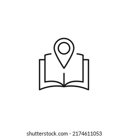 Encyclopedia, science, education signs. High quality symbol for stores, books, articles, sites. Editable stroke. Vector line icon of geotag over opened book 