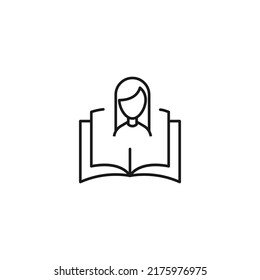 Encyclopedia, science, education signs. High quality symbol for stores, books, articles, sites. Editable stroke. Vector line icon of woman over opened book 
