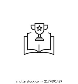 Encyclopedia, science, education signs. High quality symbol for stores, books, articles, sites. Editable stroke. Vector line icon of winner cup over opened book 