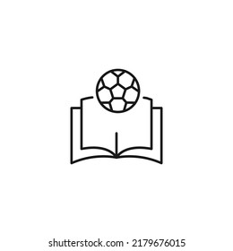 Encyclopedia, science, education signs. High quality symbol for stores, books, articles, sites. Editable stroke. Vector line icon of football over opened book 