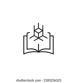 Encyclopedia, science, education signs. High quality symbol for stores, books, articles, sites. Editable stroke. Vector line icon of cube in corner over opened book 