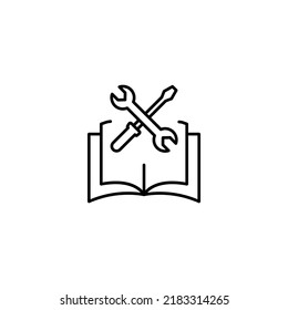 Encyclopedia, science, education signs. High quality symbol for stores, books, articles, sites. Editable stroke. Vector line icon of renovation tools over opened book 