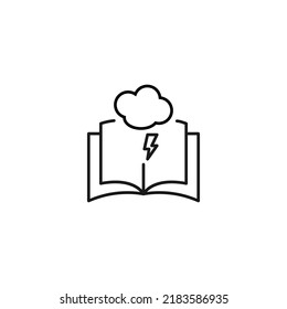 Encyclopedia, science, education signs. High quality symbol for stores, books, articles, sites. Editable stroke. Vector line icon of lightning and cloud over opened book 