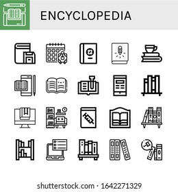 encyclopedia simple icons set. Contains such icons as Ebook, Book, Booking, Books, Open book, Book shelf, Library, Medical Bookstore, can be used for web, mobile and logo