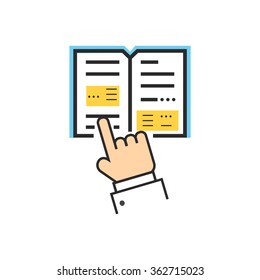 Encyclopedia textbook icon flat. Man reading book