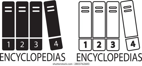 Encyclopedias icon set collection group in black flat and line style vector design, digital library book symbols, reference guide, knowledge database, education research, reading, archive, learning illustration