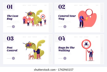 Encyphalitis Mite, Tick Bite Protection Landing Page Template Set. Characters Search Dangerous Mite Hid on Plant Leaf, People Spraying Insect Repellent on Skin and Dog. Cartoon Vector Illustration