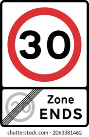 End of 20 mph speed limit zone with indication of maximum speed limit in mph, road signs in the United Kingdom