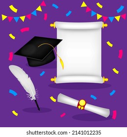 End Of The Academic Year, Graduation..graduation Cap, Feather, Scroll, On Purple Background, No People Prom, End, Summer Party Poster, Template Or Postcard, Vector Illustration