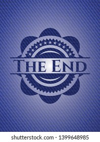 The End badge with denim background. Vector Illustration. Detailed.