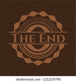 The End badge with wood background