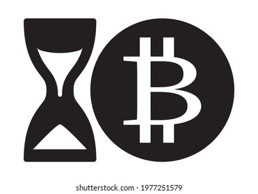 The end of the bitcoin cryptocurrency. Black and white icon of hourglass and bitcoin coin