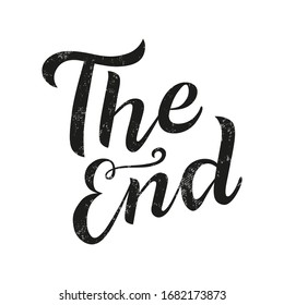 The end black lettering text on white background. Handmade calligraphy vector illustration. Vector design for poster, logo, decor, movie, cinema, card, banner, postcard, final credits and print.