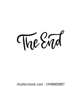 THE END - black lettering text on white background. Handmade calligraphy hand written illustration. Vector design for poster, logo, decor, movie, cinema, card, banner, postcard, final credits