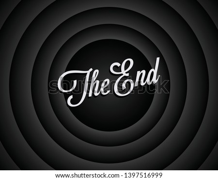 The end black and white screen background. Movie ending screen background. The end of movie or film or video. Vintage styled vector illustration.