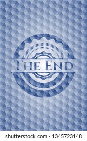 The End blue badge with geometric pattern background.