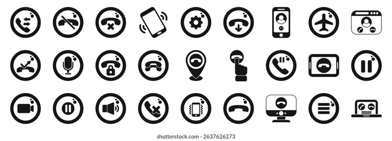  End call icons set. Set of circular icons representing various tech functions and applications