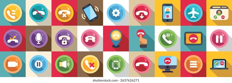  End call icons set. Collection of colorful round and square icons representing various phone call features and settings