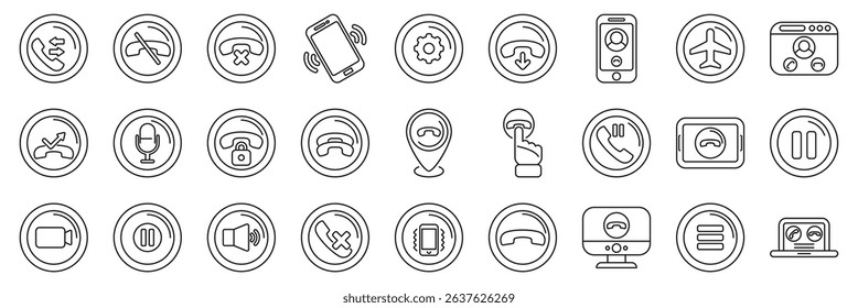  End call icons set. Diverse set of phone call icons representing actions like calling, hanging up, muting, airplane mode, and settings