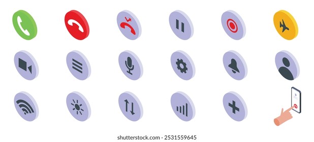 Ícones de fim de chamada definidos. A mão está usando um smartphone com uma variedade de botões de aplicativo em uma visualização isométrica